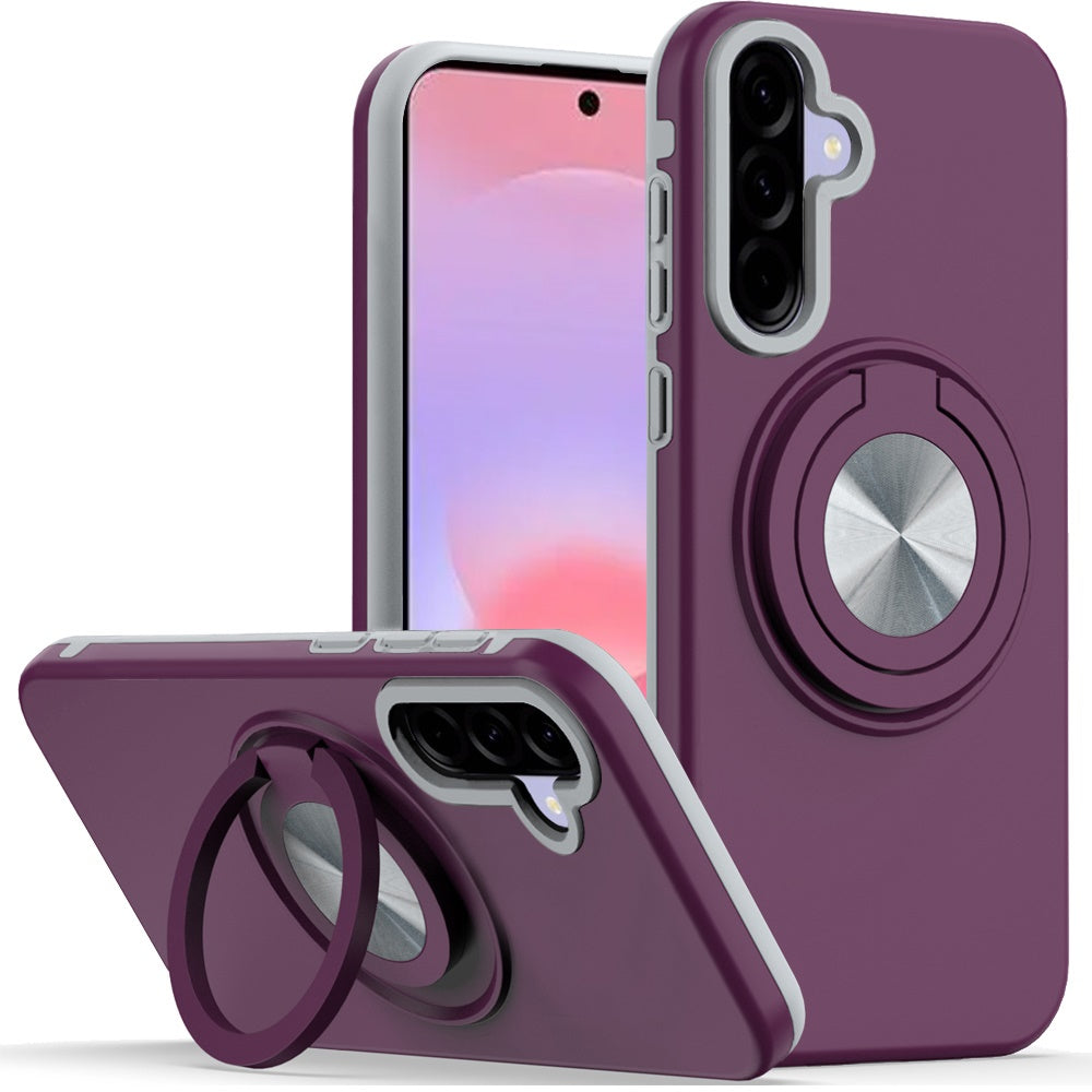 Phone Case for Samsung Galaxy A37 Shockproof Magnetic Ring Stand Rotating CarMount Hybrid Metal Matte Finish AntiSlip Grip Kickstand Cover Purple
