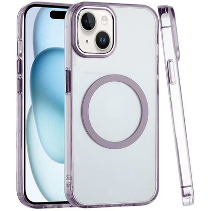 For Apple iPhone 14 /13 Transparent Back Hybrid Case - Magnetic Circle, Color Frame, Metal Buttons, MagSafe Compatible Case Cover
