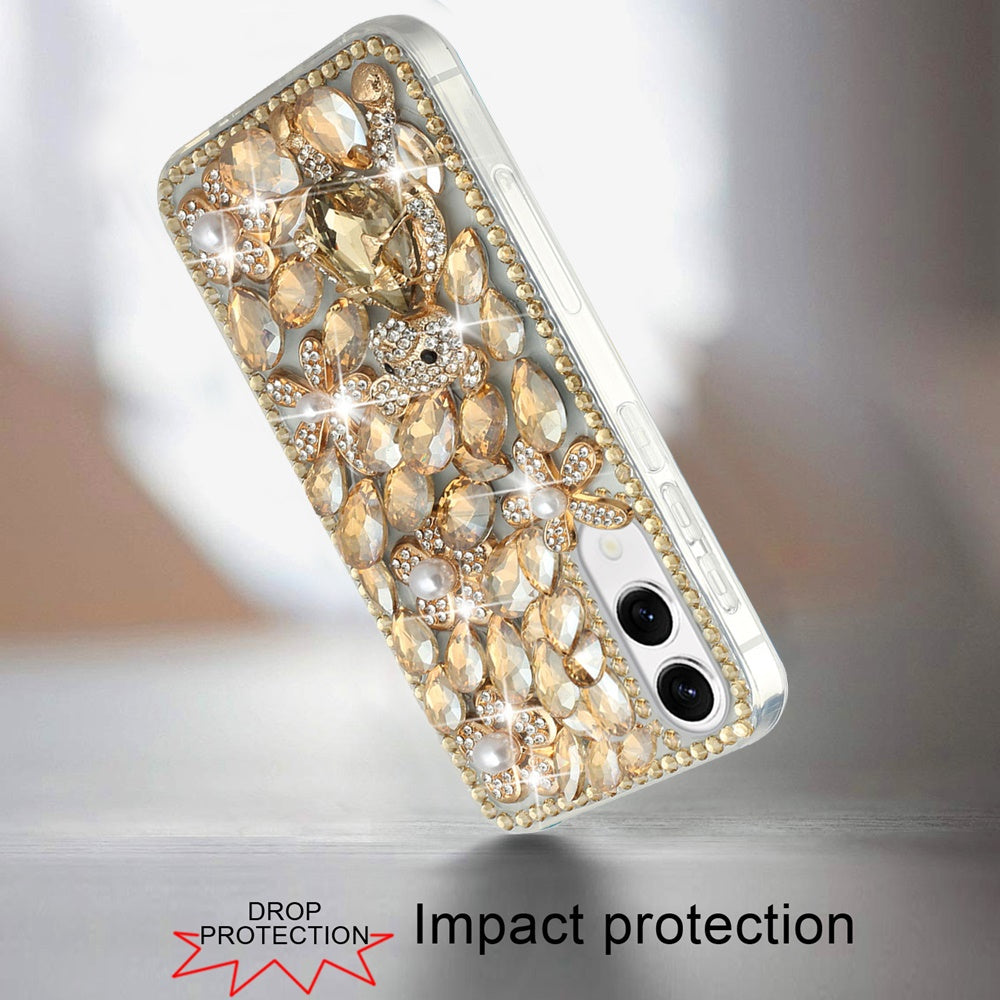 For Samsung Galaxy S25 Edge Bling Crystal 3D Full Diamonds Luxury Sparkle Rhinestone Hybrid Protective Case Cover Gold Panda Floral