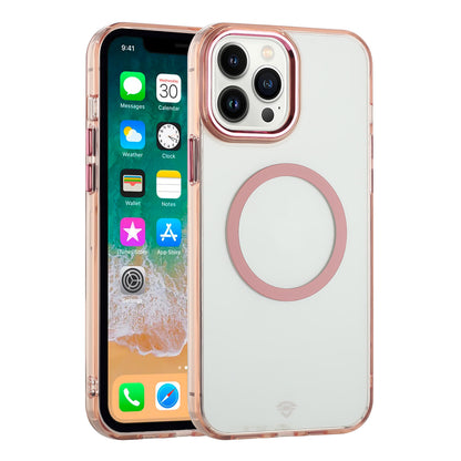 For Apple iPhone 14 Pro Transparent Back Hybrid Case - Magnetic Circle, Color Frame, Metal Buttons, MagSafe Compatible Case Cover Rose Gold