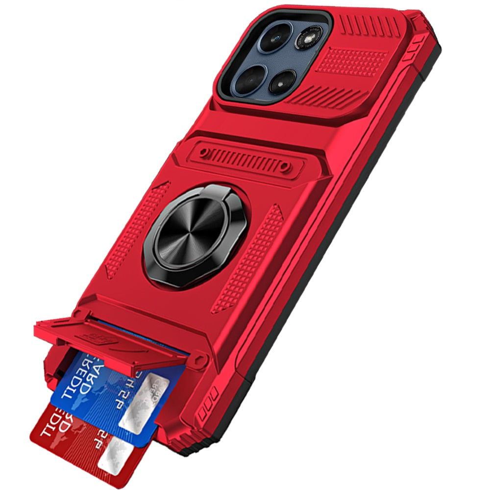 For Motorola Moto G 5G 2026/2025 2X Card Slot Metal Ring Stand Hybrid Shockproof Heavy Duty Drop Protection Multi Functional Design Case Cover Red