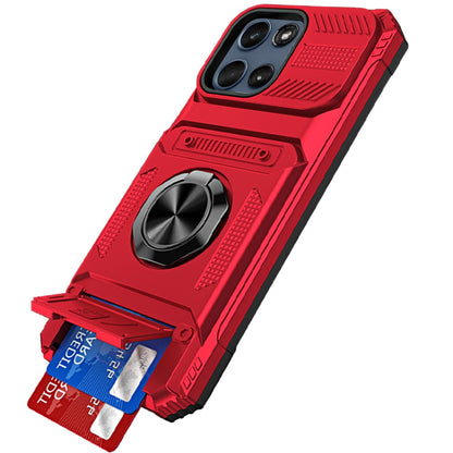 For Motorola Moto G 5G 2026/2025 2X Card Slot Metal Ring Stand Hybrid Shockproof Heavy Duty Drop Protection Multi Functional Design Case Cover Red