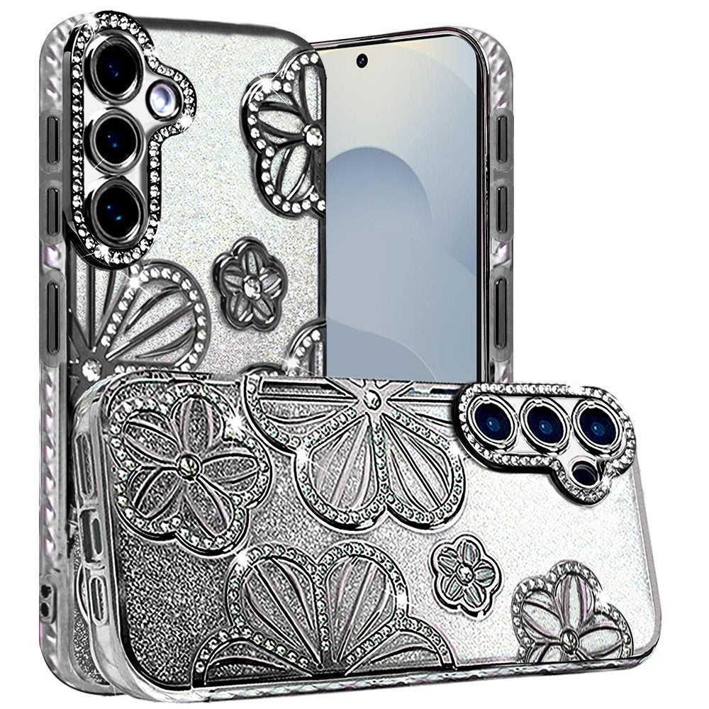 For Samsung Galaxy S26+ / S26 Plus Luxury Flower Design Sparkle Glitter Diamond Rhinestone Shimmer Bling Plating Thick TPU Hard PC Case Cover