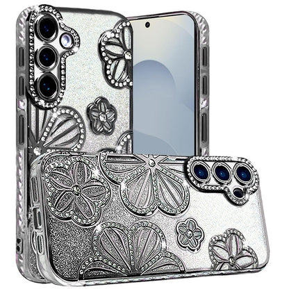 For Samsung Galaxy S26 Ultra Luxury Flower Design Sparkle Glitter Diamond Rhinestone Shimmer Bling Plating Thick TPU Hard PC Case Cover