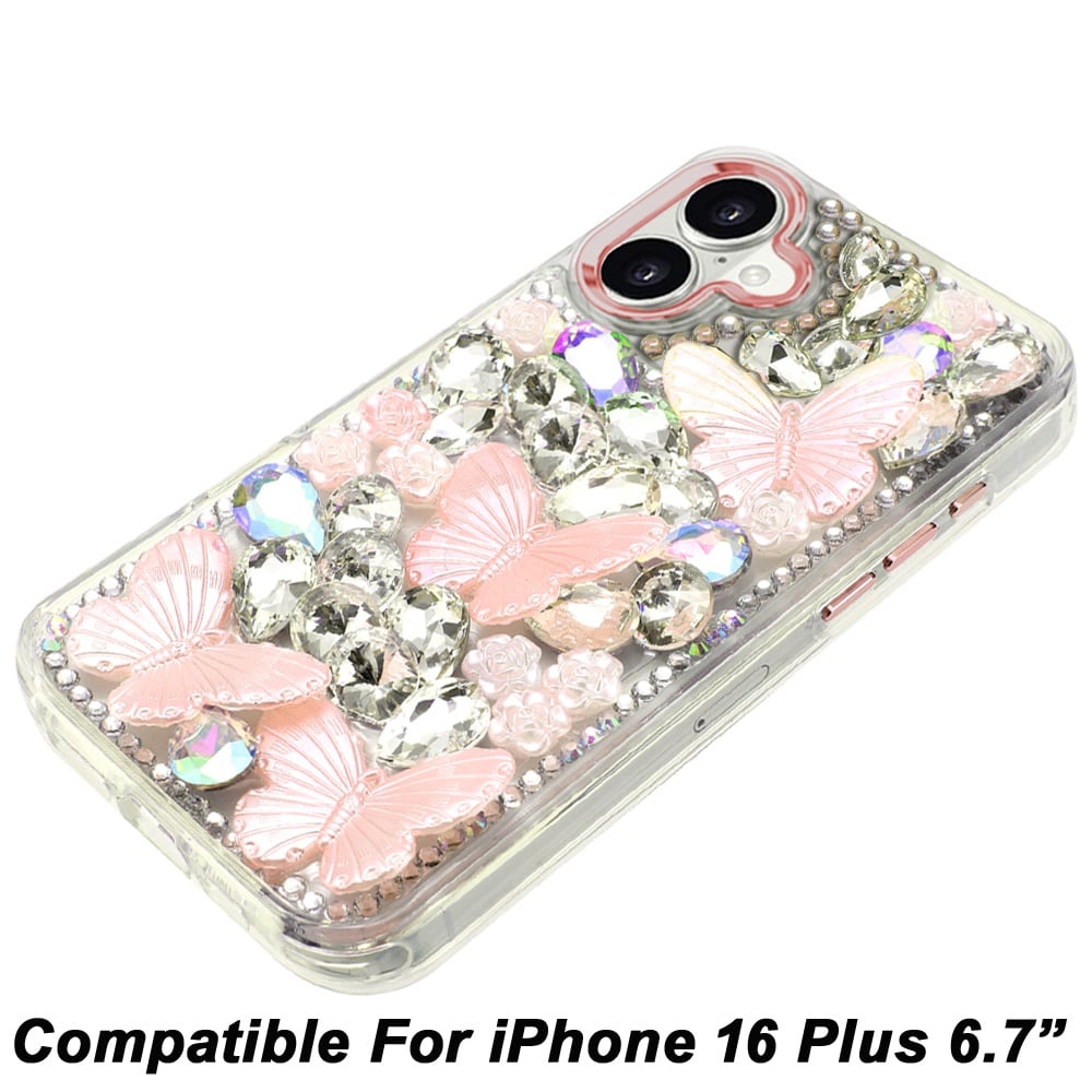 Phone Case for Apple iPhone 16 Plus Luxury 3D Floral Butterfly Bling Rhinestone Glitter Shockproof Stylish Protective Hybrid Designer Metallic Cover