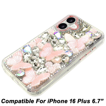 Phone Case for Apple iPhone 16 Plus Luxury 3D Floral Butterfly Bling Rhinestone Glitter Shockproof Stylish Protective Hybrid Designer Metallic Cover