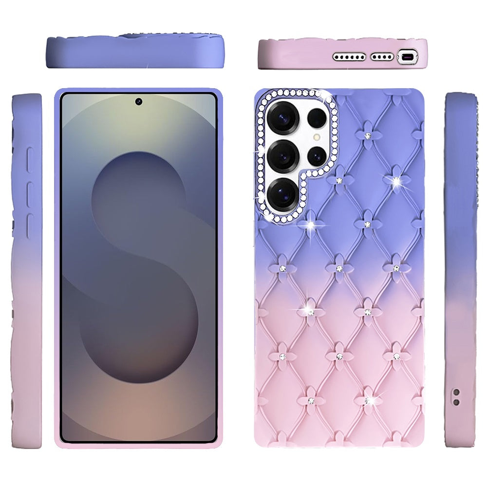 For Samsung Galaxy S26 Ultra Fashion Flower Design Sparkle Glitter Shimmer Rhinestone Bling Floral Accents, Leather Texture TPU Case Cover