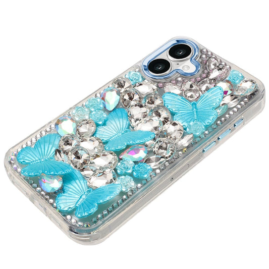 For Apple iPhone 17 (6.3") 3D Diamond Floral Butterfly Bling Stone Hybrid, Sparkly Rhinestone Gemstone Back Shockproof Case Cover