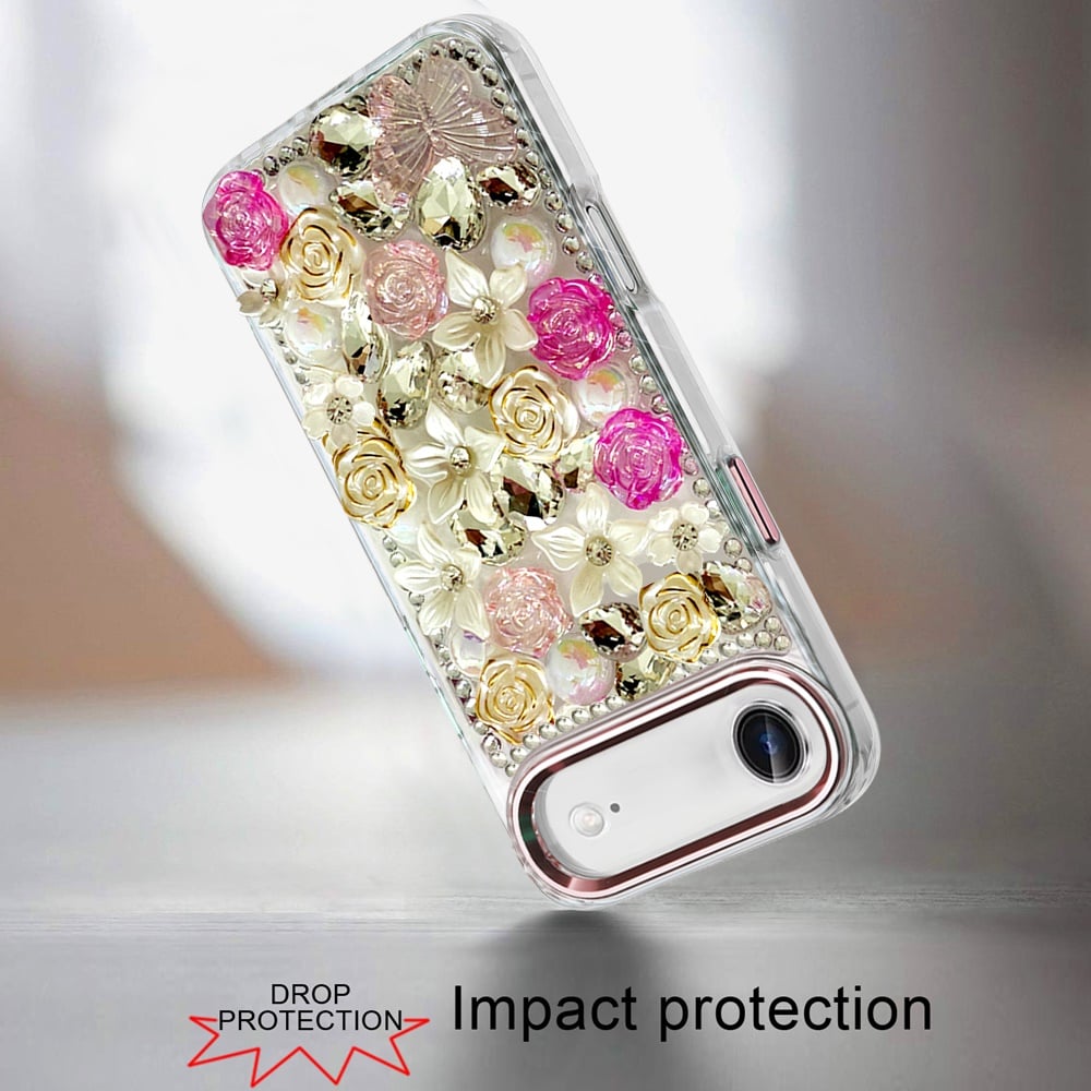 For Apple iPhone 17 Air (6.6") 3D Diamond Floral Roses Flower Bling Stone Hybrid, Sparkly Rhinestone Gemstone Back Shockproof Case Cover