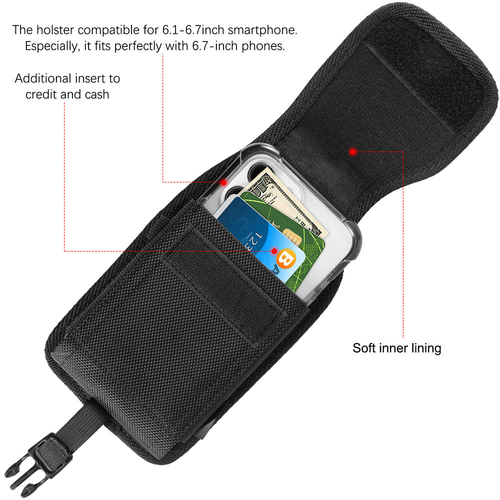 For Apple iPhone 16 Plus (6.7") Universal Pouch Case Horizontal Phone Holster Nylon Cover with Front Buckle, Belt Clip Loop & Hook Carabiner XL [Black]
