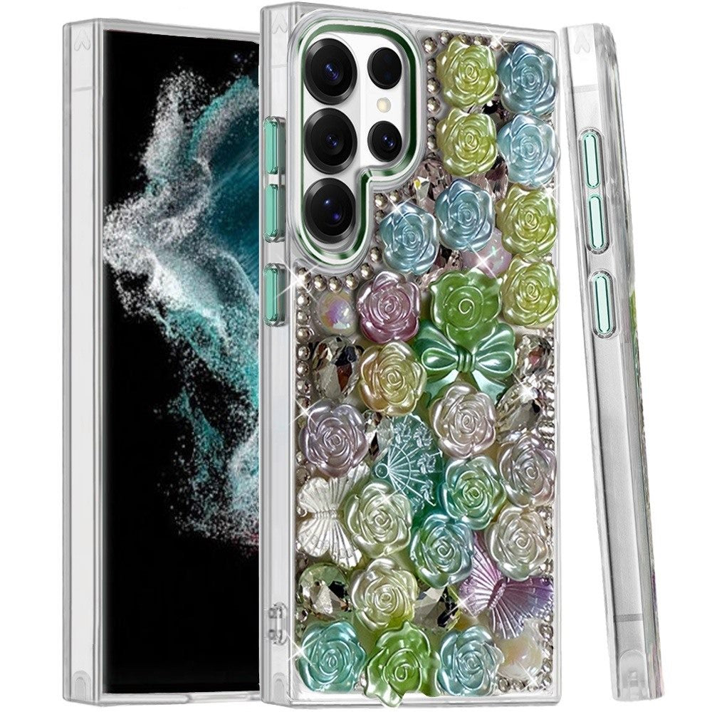 Phone Case for Galaxy S22 Ultra 3D Flower Bling Rhinestone Glitter Cute Stylish Shockproof Protective Decorative Luxury Grip Stones Ornaments Cover