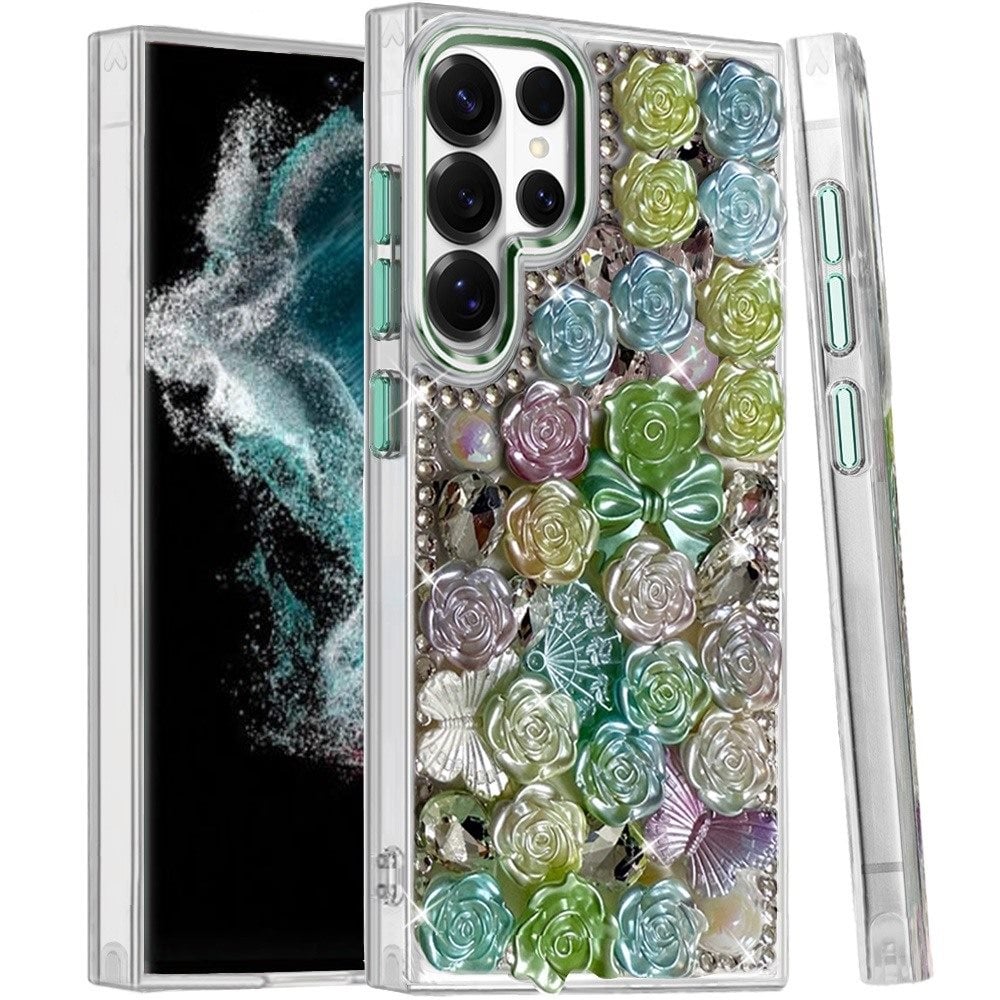 Phone Case for Galaxy S22 Ultra 3D Flower Bling Rhinestone Glitter Cute Stylish Shockproof Protective Decorative Luxury Grip Stones Ornaments Cover