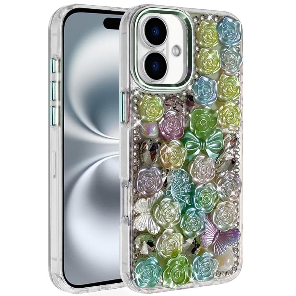 Phone Case for Apple iPhone 16 Plus 3D Flower Bling Rhinestone Glitter Cute Stylish Shockproof Protective Decorative Luxury Grip Stones Ornaments Cover