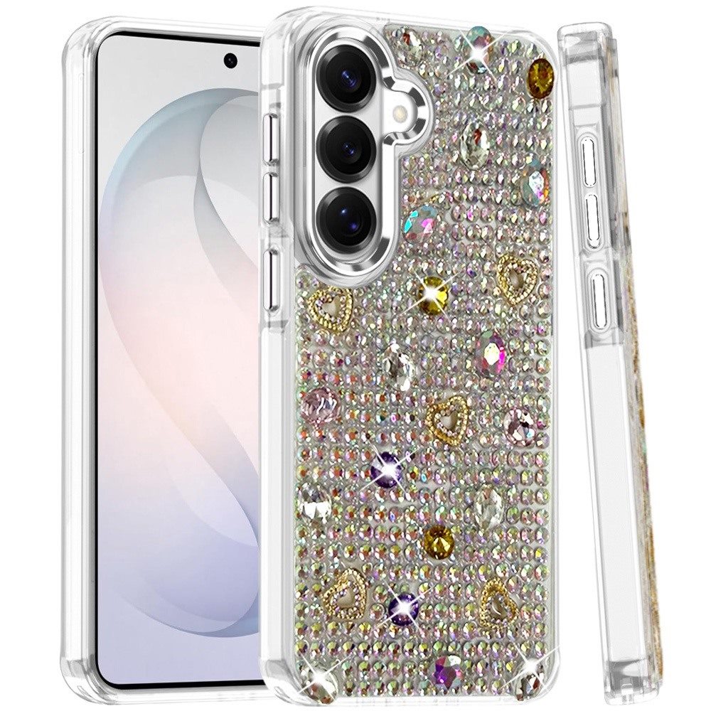 Phone Case for Samsung Galaxy S26 Chrome Fashion Hybrid Bling Diamond Heart Rhinestone Decorative Stones Sparkling Embellished Design Cover