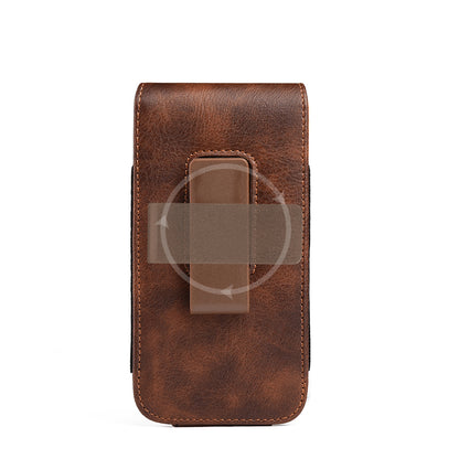 For Apple iPhone 16 Pro (6.3") Universal Vertical Leather Case Holster with Card Slot, Rotation Belt Clip & Magnetic Closure Carrying Phone Pouch [Brown]