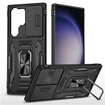 Phone Case for Samsung Galaxy S24 Ultra Tough Metal Ring Shockproof Sliding Camera Window Hybrid Armor Rugged Anti Slip Heavy Duty Grip Cover Black