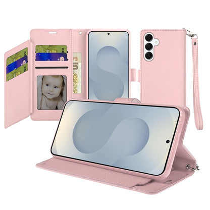 For Samsung Galaxy S26 Wallet Cases PU Leather with Credit Card /ID /Cash Holder Slot Dual Flip Book Pouch, Stand and Strap Case Cover Rose Gold