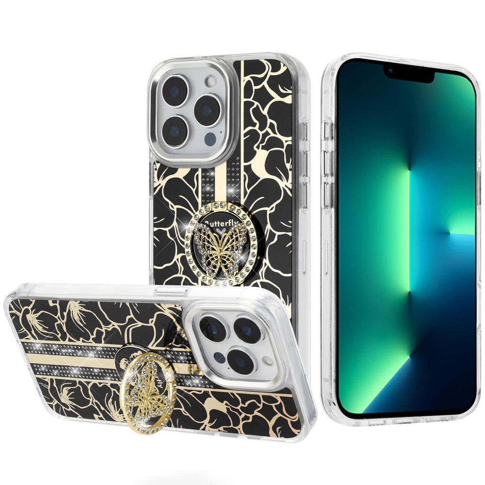 For Apple iPhone 14 Pro Max Diamonds 3D Butterfly Floral Design Bling Sparkly Glitter Hybrid Metal Fashion with Ring Stand Case Cover