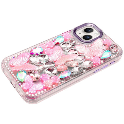 Phone Case for iPhone 15 Plus (6.7") Luxury 3D Floral Butterfly Bling Rhinestone Glitter Shockproof Stylish Protective Hybrid Designer Metallic Cover