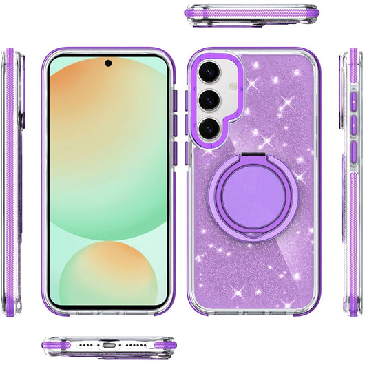 For Samsung Galaxy S24 FE Slim Bling Glitter Sparkly Shimmer Hybrid with Magnetic Ring and 360° Rotational Stand [Compatible with Magsafe] Case Cover Purple