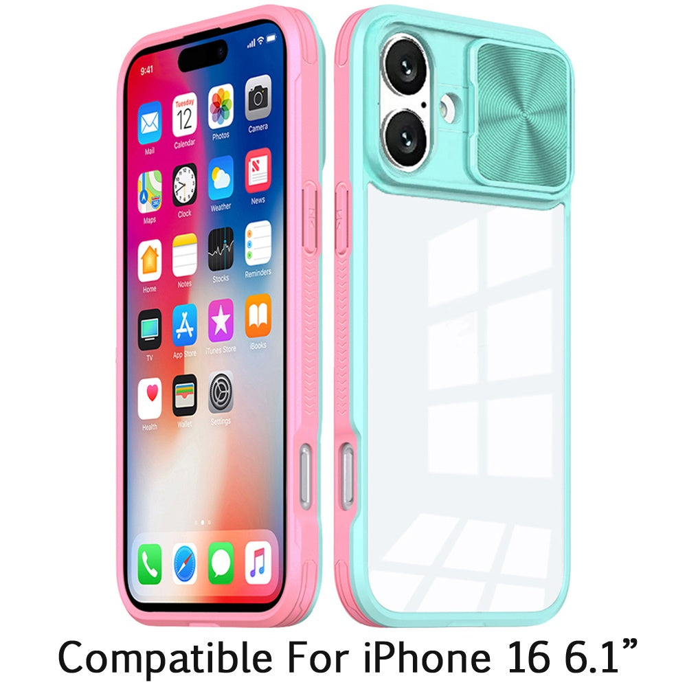 For iPhone 16 (6.1") Hybrid Cases with Sliding Camera Cover Transparent Shockproof Bumper TPU Protective Case Cover Pink/Blue