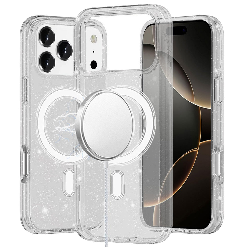 For Apple iPhone 17 Pro MagSafe Compatible Glitter Sparkle Bling Hybrid Case with Magnetic Circle, Slim TPU & Hard PC Frame Case Cover Clear