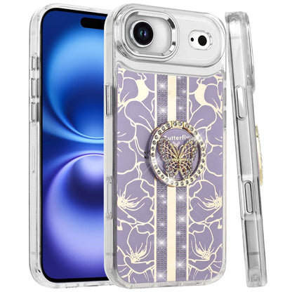For Apple iPhone 17 Air (6.6") Diamonds 3D Butterfly Floral Design Bling Sparkly Glitter Hybrid Metal Fashion with Ring Stand Case Cover