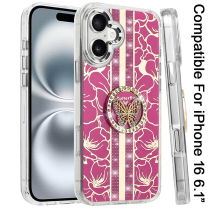 Phone Case for Apple iPhone 16 Floral Butterfly Ring Stand Glitter Bling Shockproof Hybrid Luxury Fashion Protective Anti Slip Durable Grip Cover