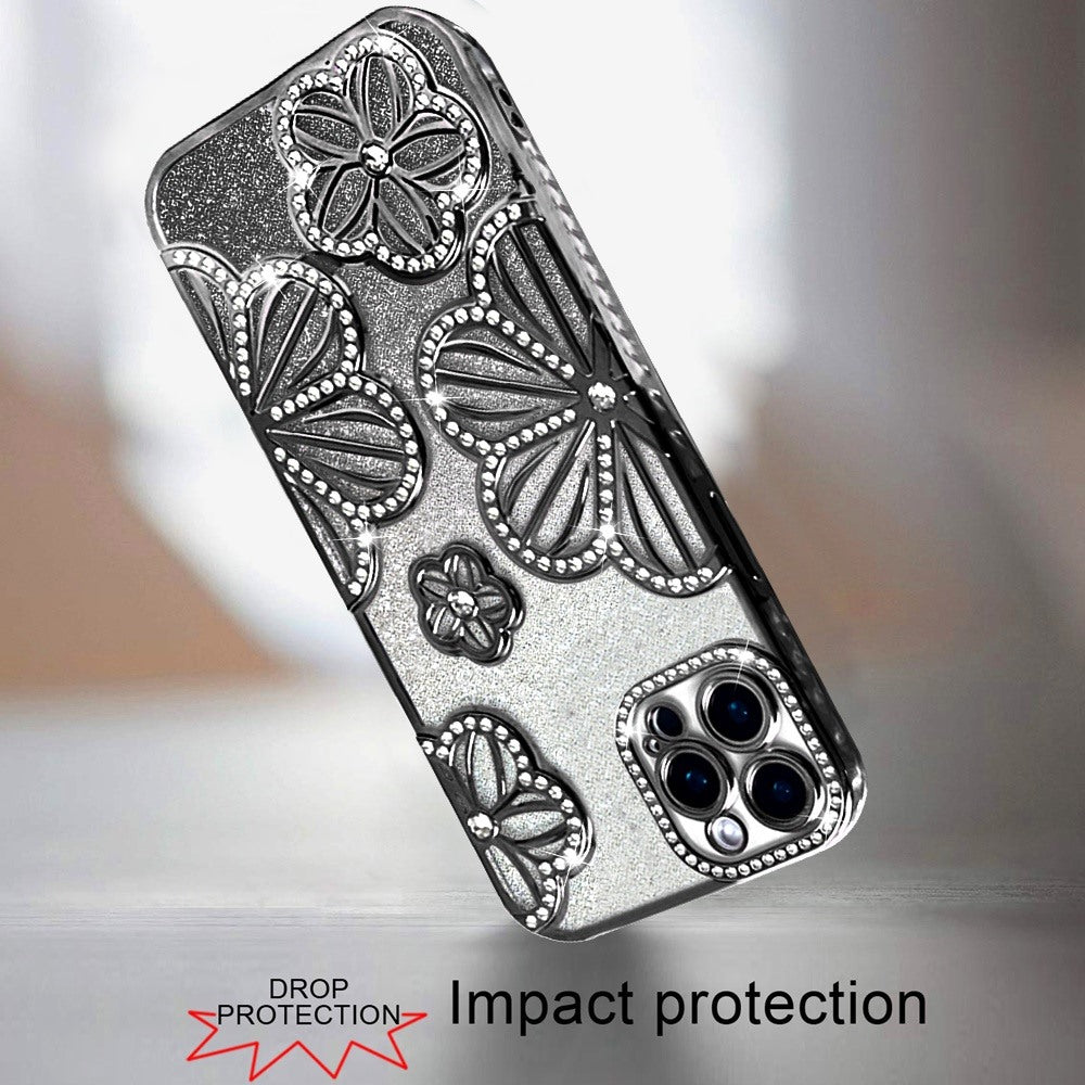 For Apple iPhone 11 Pro Max Luxury Flower Design Sparkle Glitter Diamond Rhinestone Shimmer Bling Plating Thick TPU Hard PC Case Cover