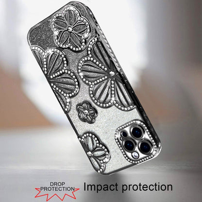 For Apple iPhone 11 Pro Max Luxury Flower Design Sparkle Glitter Diamond Rhinestone Shimmer Bling Plating Thick TPU Hard PC Case Cover