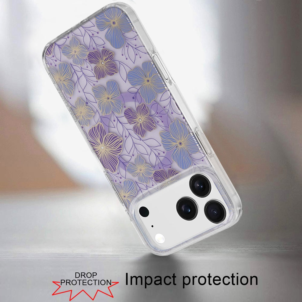 For Apple iPhone 17 Pro Max Stylish Pattern Fashion IMD Printed Design TPU Double Layer Slim Shockproof with Magnetic Back Case Cover Purple Flower