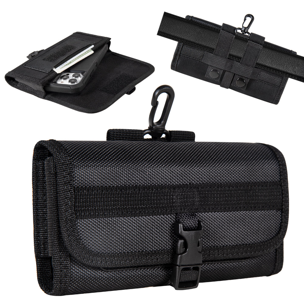 For Apple iPhone 16 Pro (6.3") Universal Pouch Case Horizontal Phone Holster Nylon Cover with Front Buckle, Belt Clip Loop & Hook Carabiner Large [Black]