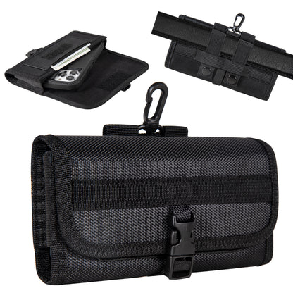 For Apple iPhone 16 Pro (6.3") Universal Pouch Case Horizontal Phone Holster Nylon Cover with Front Buckle, Belt Clip Loop & Hook Carabiner Large [Black]