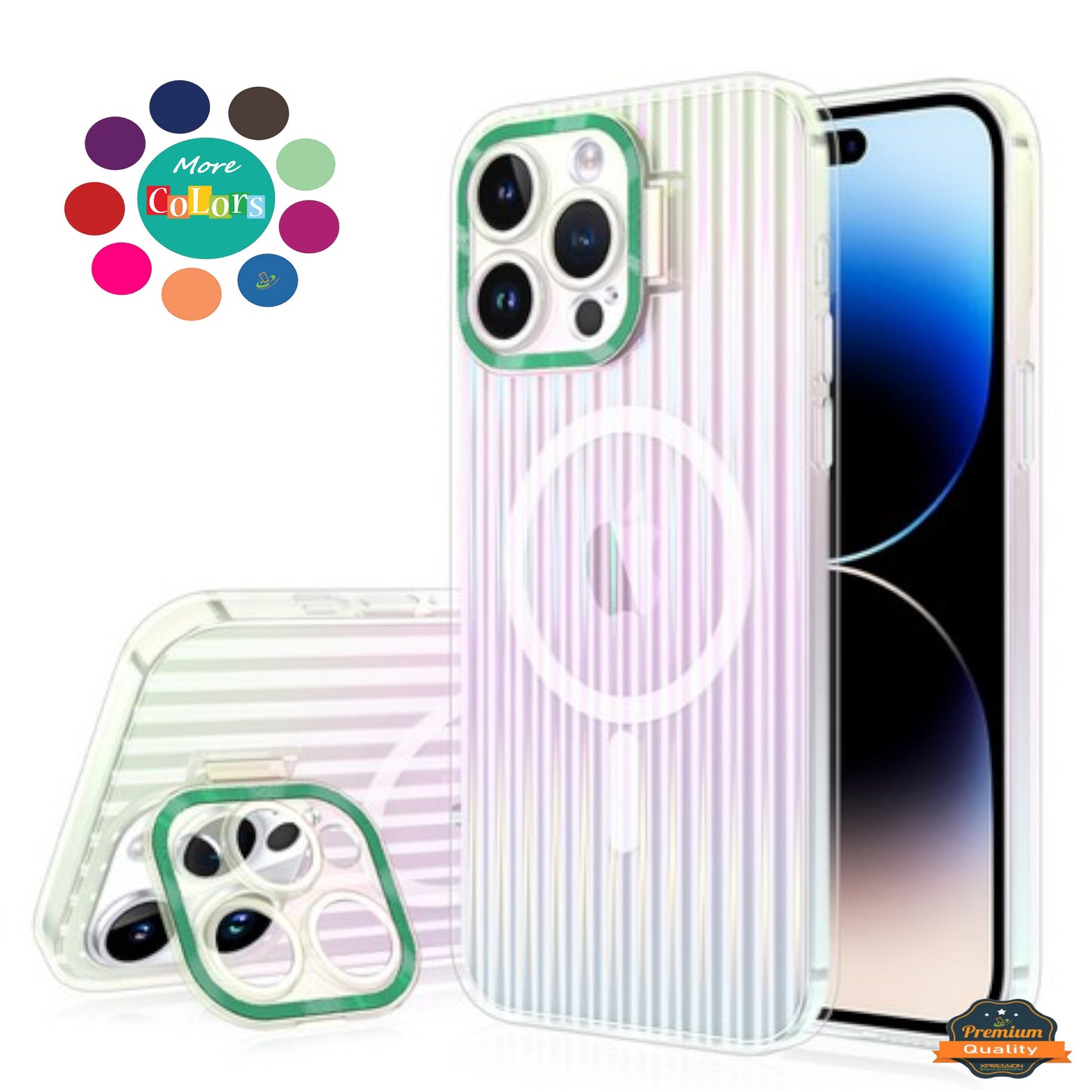 For Apple iPhone 15 (6.1") Built-in Camera Kickstand Clip Shockproof Iridescent Holographic Colorful TPU Slim Protective  Phone Case Cover