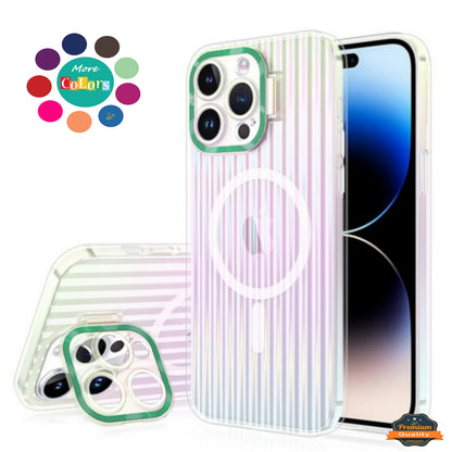 For Apple iPhone 15 (6.1") Built-in Camera Kickstand Clip Shockproof Iridescent Holographic Colorful TPU Slim Protective  Phone Case Cover