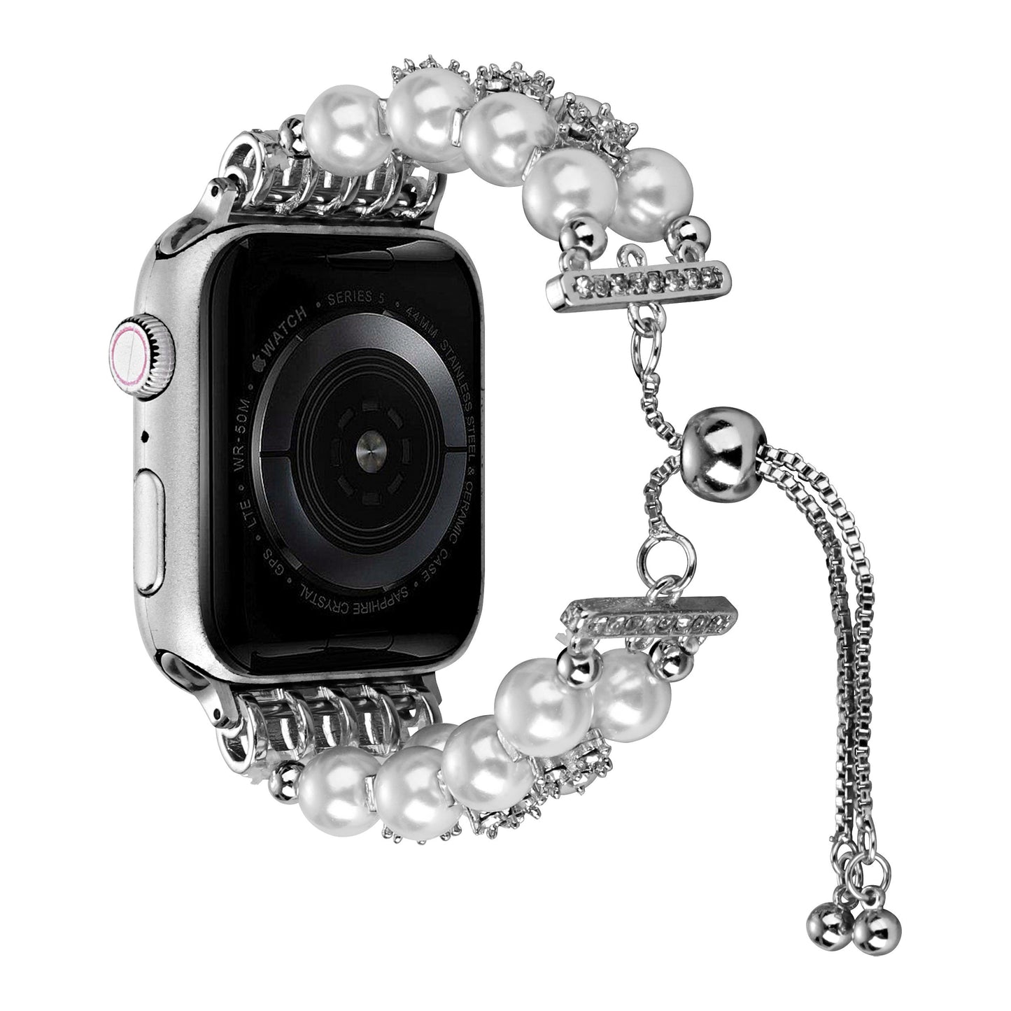 Watch Band for Apple Watch 42/44/45/46mm & Ultra 49mm, Series 4-10 & SE Pearls Fashion Bling Strand Metal Adjustable replacment Bracelet Style with Secure Watch Attachment White