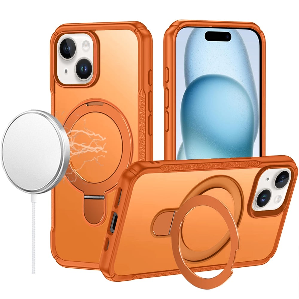For iPhone 15 Plus (6.7") Matte Finish Magnetic Ring Hybrid Protective Invisible Kickstand Magsafe Compatible Case Cover Cosmic Orange
