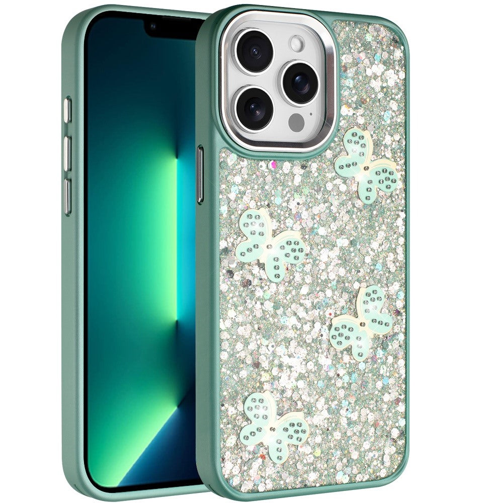 For Apple iPhone 13 Pro Max Cute Butterfly Crystal Diamond Glitter Case Sparkle Bling Frame Metallic Edges, Shimmer TPU Hybrid Case Cover Teal