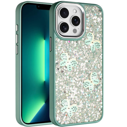 For Apple iPhone 13 Pro Max Cute Butterfly Crystal Diamond Glitter Case Sparkle Bling Frame Metallic Edges, Shimmer TPU Hybrid Case Cover Teal