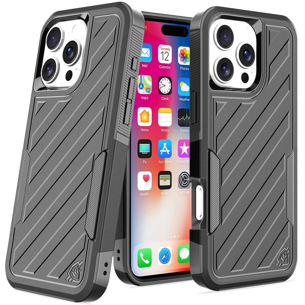 For Apple iPhone 16 Pro Hybrid lined shockproof dual layer Rugged 2in1 Hard PC & Silicone TPU Non Slip Textured Tough Armor Case Cover Black+Grey
