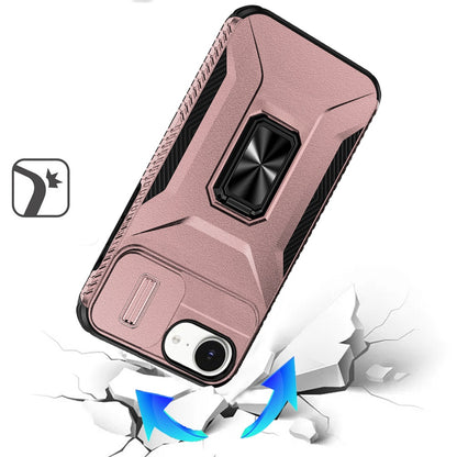For Apple iPhone 17E /16E Case, Camera Cover with Magnetic Rotation Ring Stand, Military Grade Hybrid Hard TPU Shockproof Case Cover Rose Gold