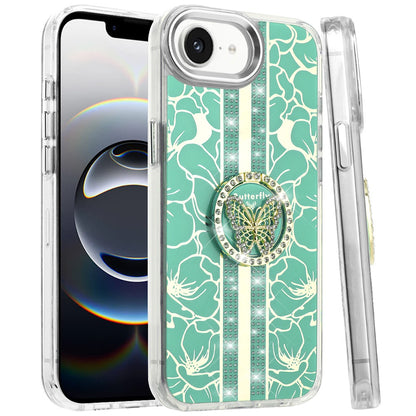 For Apple iPhone 17E /16E Diamonds 3D Butterfly Floral Design Bling Sparkly Glitter Hybrid Metal Fashion with Ring Stand Case Cover