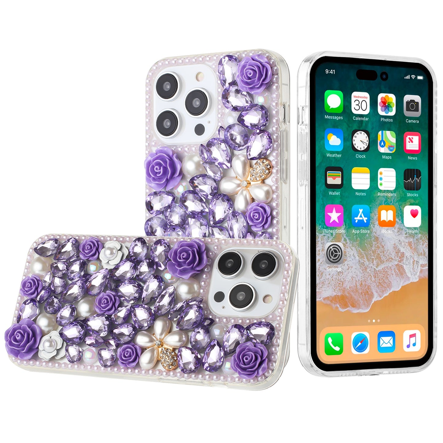 For Apple iPhone 17E /16E Fashion Rose Flower Floral, 3D Bling Crystal Full Diamonds Pearl Sparkle Rhinestone Glitter Hybrid Case Cover Purple