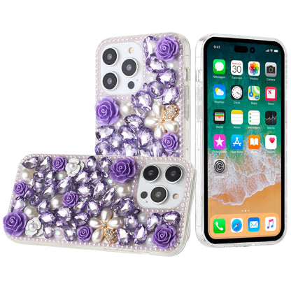 For Apple iPhone 17E /16E Fashion Rose Flower Floral, 3D Bling Crystal Full Diamonds Pearl Sparkle Rhinestone Glitter Hybrid Case Cover Purple