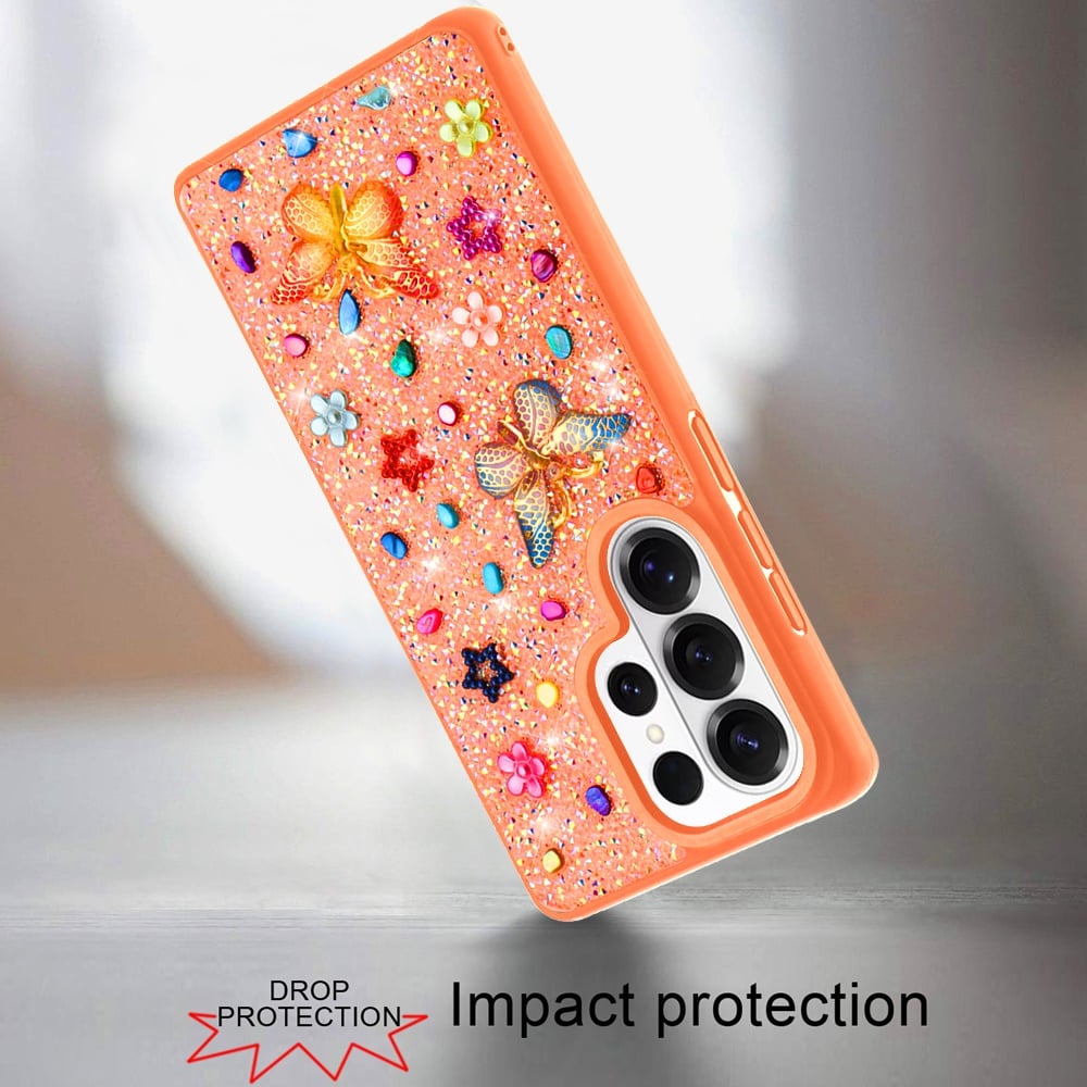 Phone Case for Samsung Galaxy S25 Ultra 3D Butterfly Diamond Bling Glitter Shockproof Stylish Protective Luxury Hybrid Sparkly Durable Grip Design Cover Cosmic Orange
