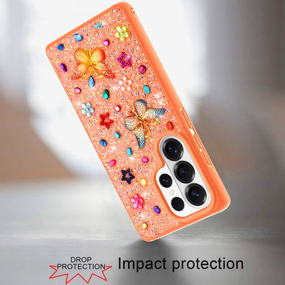 Phone Case for Samsung Galaxy S25 Ultra 3D Butterfly Diamond Bling Glitter Shockproof Stylish Protective Luxury Hybrid Sparkly Durable Grip Design Cover Cosmic Orange