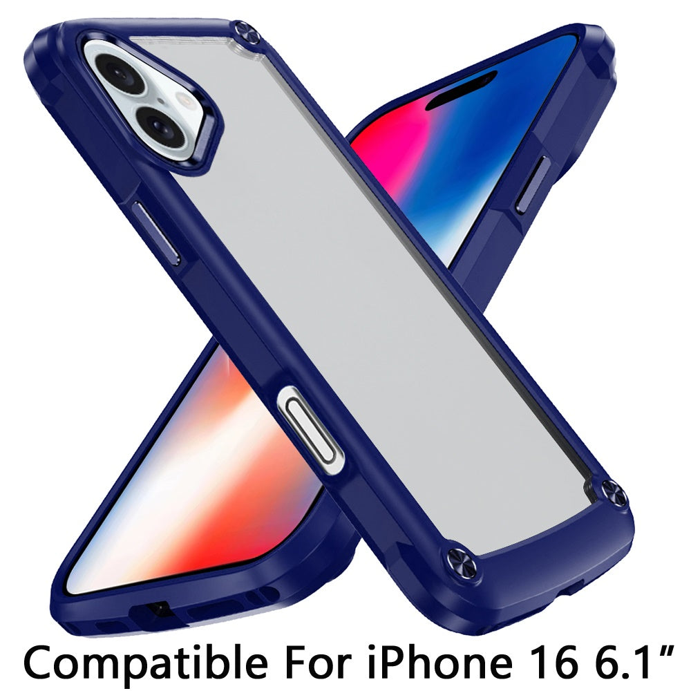For iPhone 16 (6.1") Hybrid Transparent Rubber with Metal Buttons & Camera Edges Hard TPU Corner Frame Bumper Case Cover Red