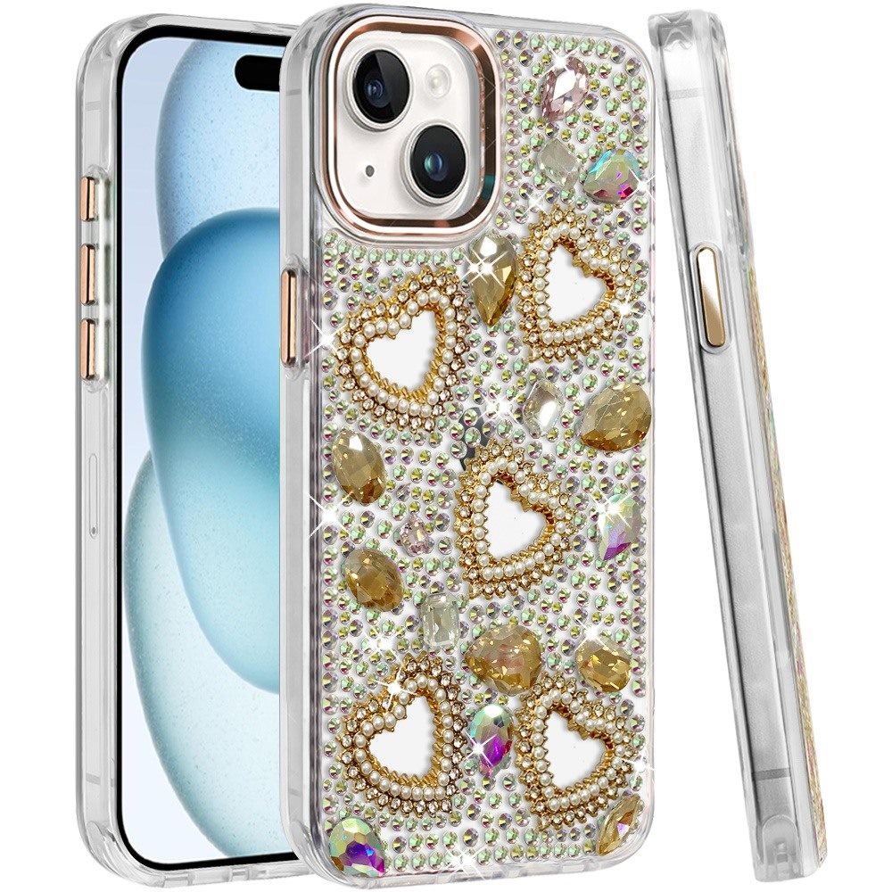 Phone Case for Apple iPhone 15 Plus Luxury Crystal Heart Rhinestone Diamond Bling Shockproof Hybrid Glitter Protective Stylish Durable Grip Cover