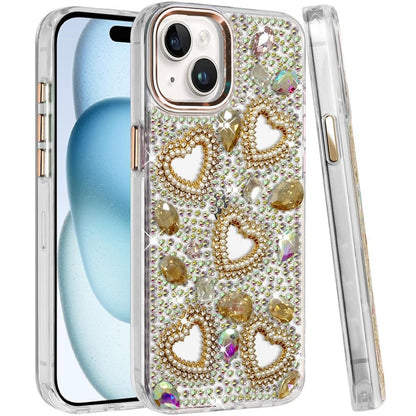 Phone Case for Apple iPhone 15 Plus Luxury Crystal Heart Rhinestone Diamond Bling Shockproof Hybrid Glitter Protective Stylish Durable Grip Cover