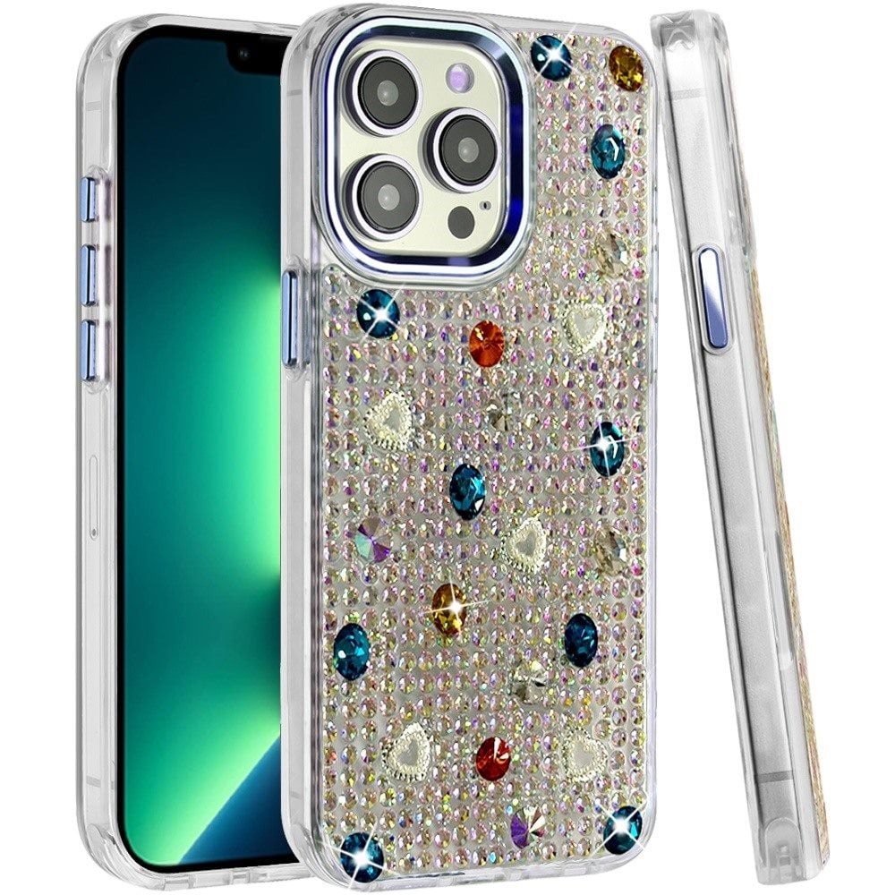 Phone Case for Apple iPhone 13 Pro Max Chrome Fashion Hybrid Bling Diamond Heart Rhinestone Decorative Stones Sparkling Embellished Design Cover